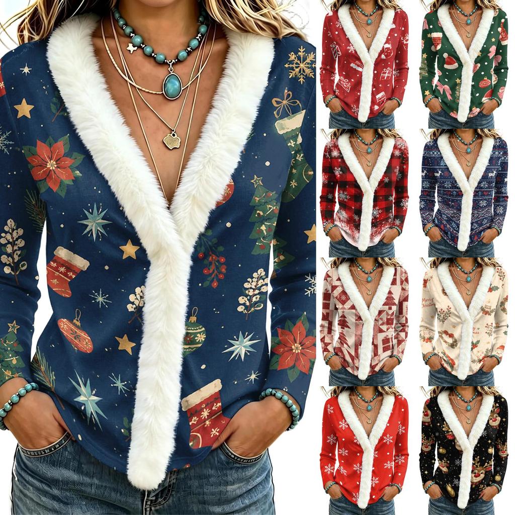 Damen Langarm-Oberteil mit Weihnachtsaufdruck und -Kragen für Herbst und Winter