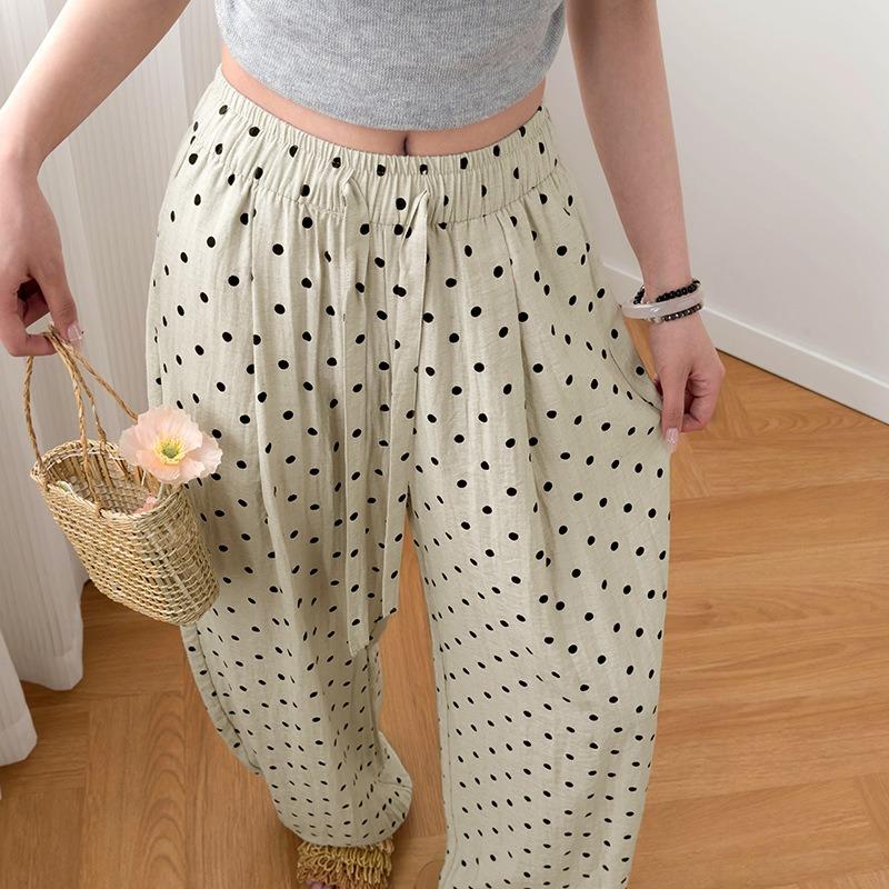 Polka dot linen scimitar pants women's summer thin new high-waisted lazy casual pants small loose wide-leg pants