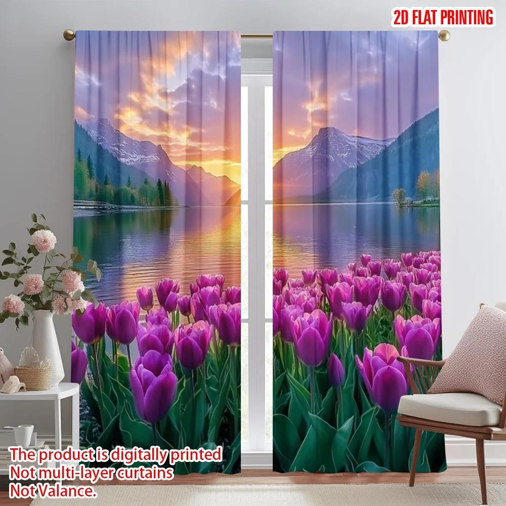 

Set Of 2 Flat Printing Window Drapes Lake Shore Sunset Scenery Poetry Polyester Without Electricity Family Party Use New Curtains Made W100*H70(CM)-Grommet top&1PCS
