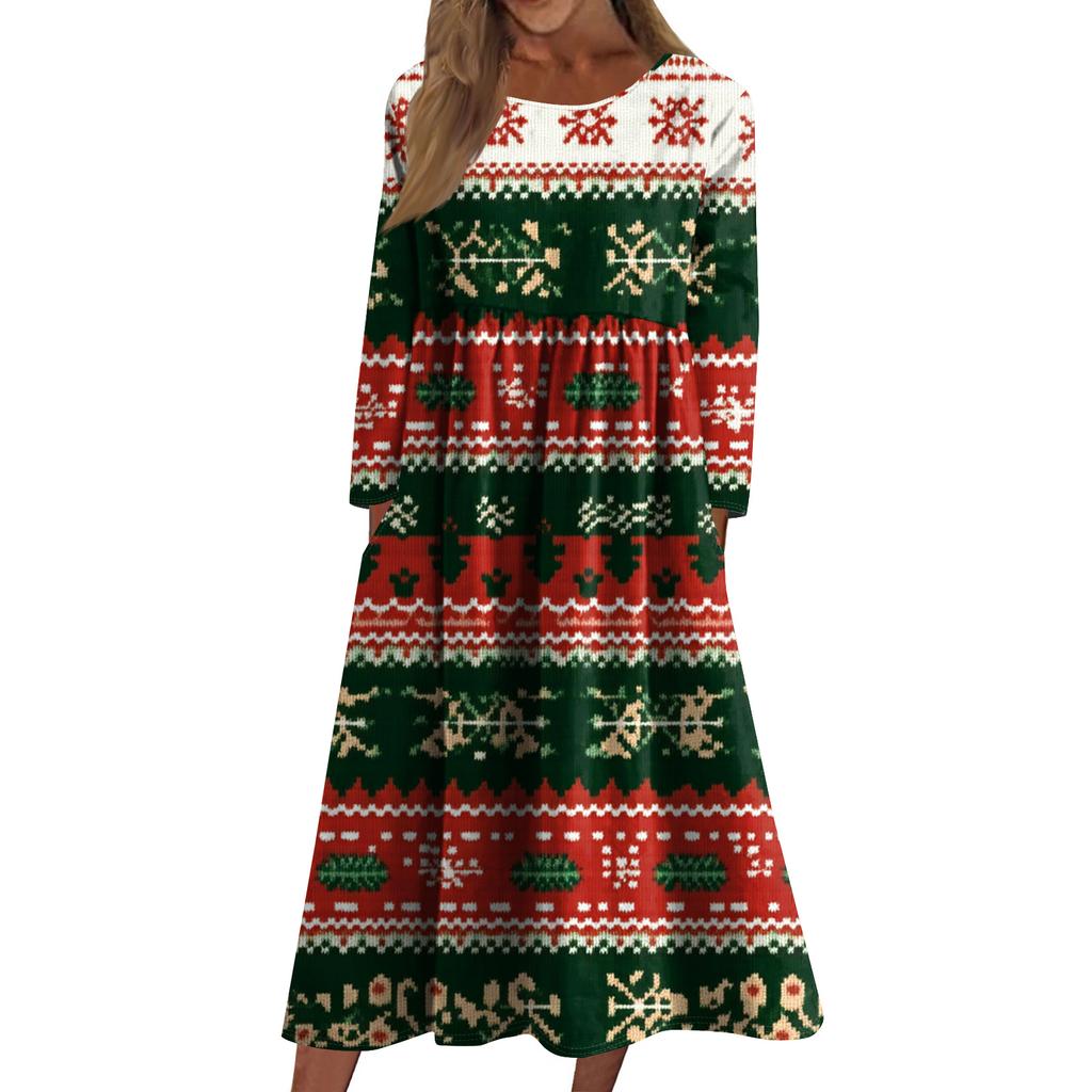 Damen Freizeitkleid mit Rundhalsausschnitt, Weihnachtsdruck, mittellang, langärmlig mit Tasche