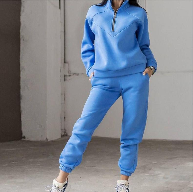 Spring And Autumn Fashion Casual Hooded Sweater Two-piece Long-sleeved Solid Color Fleece Casual Suit
