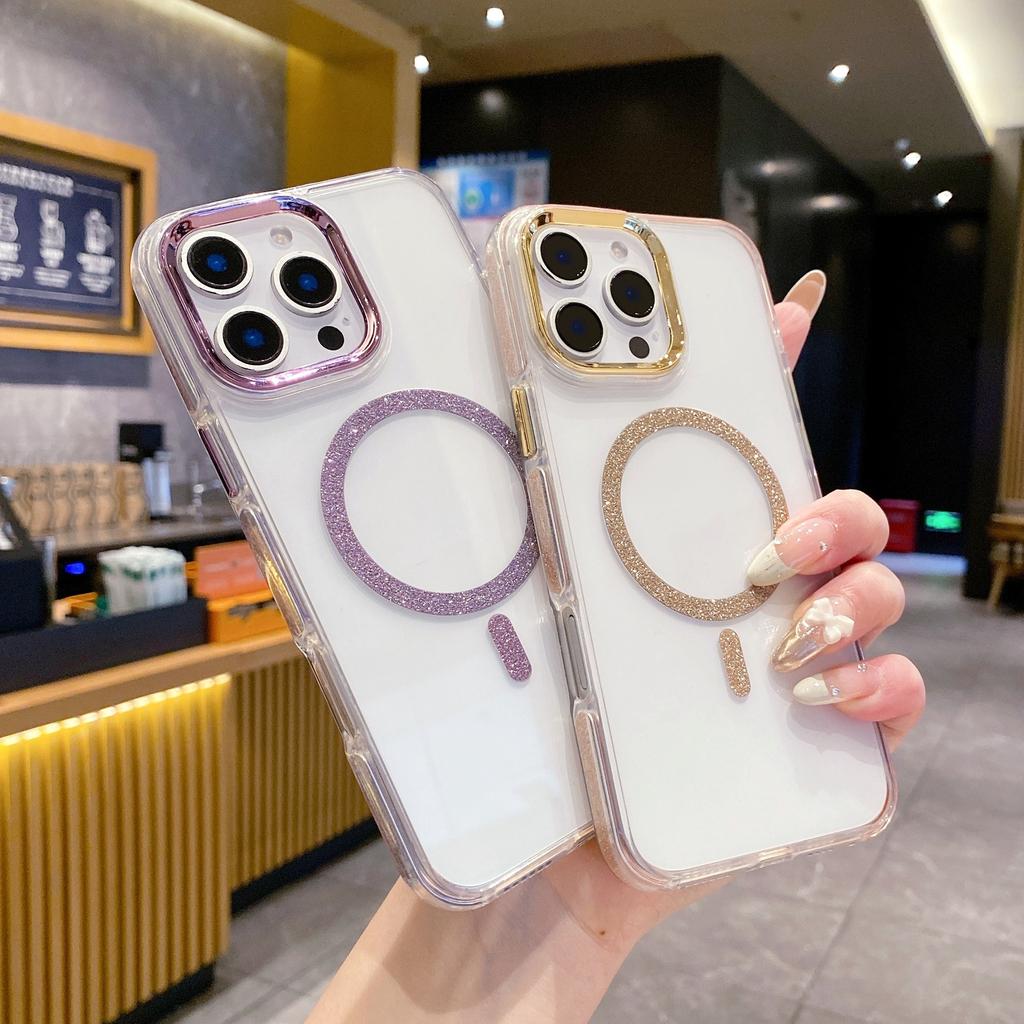 For iPhone 16 Pro Clear Case TPU + Acrylic Glitter Phone Cover Compatible with MagSafe