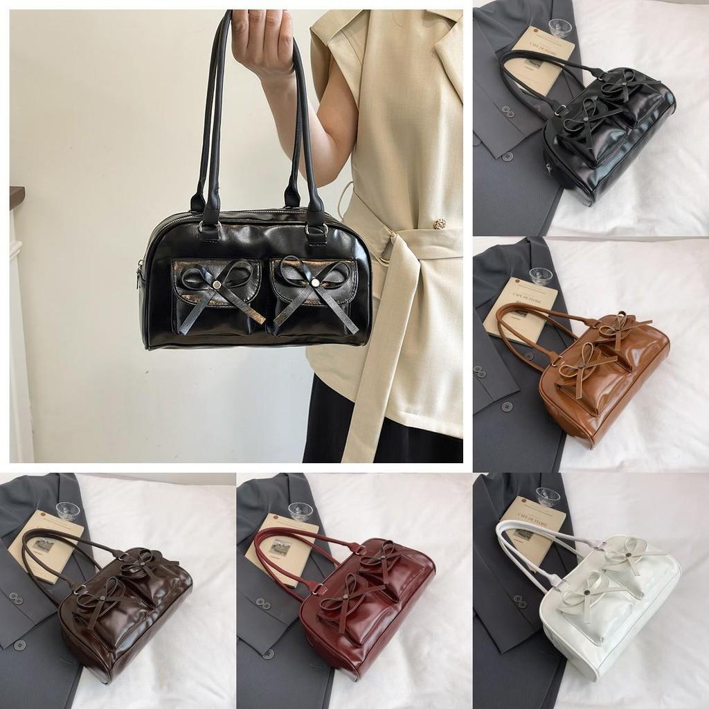 Simple Solid Color Bow Decoration Women Large Capacity Shoulder Bag For Daily Casual Use