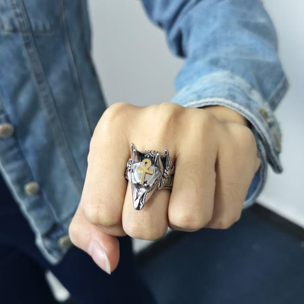 Męski Pierścionek Vintage Bóg Anubis Starożytny Egipski Pierścionek z Głową Jackala