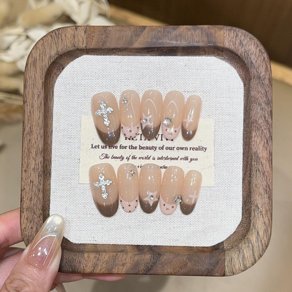 French Hand-painted Star Polka Dots Pure Hand-worn Nail Cross Whitening Advanced Sense Nail Patch Fake Nails