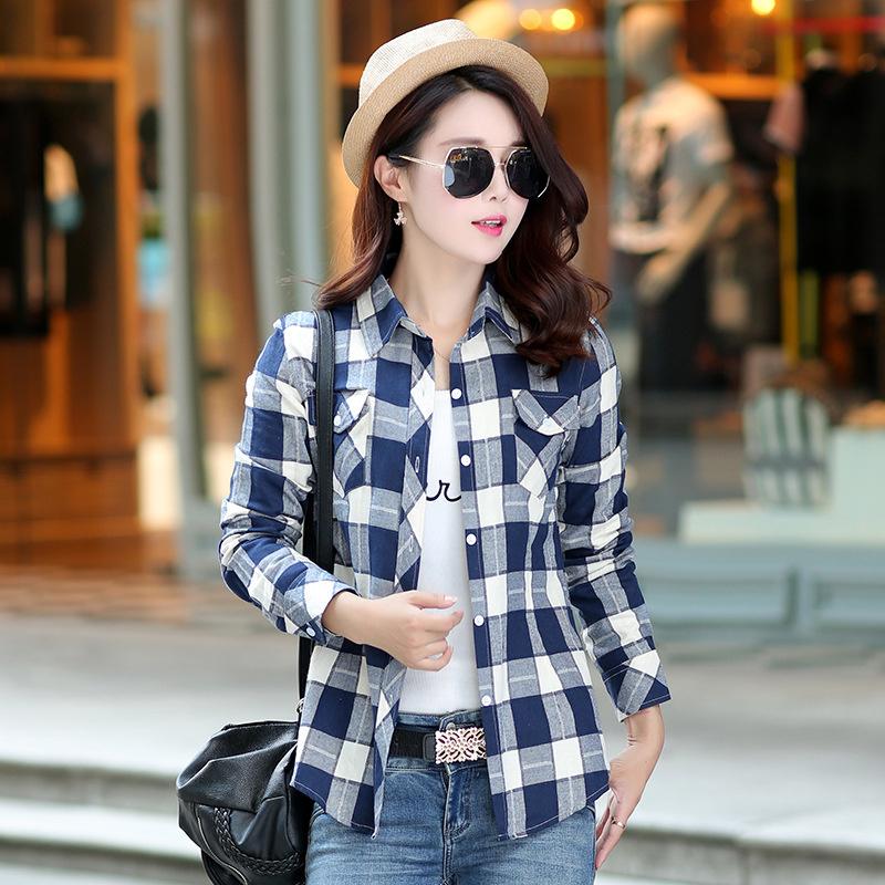 New Cotton Women's Shirts Grid Plus Size M-5XL Blouse Shirt Casual Long Sleeve Checkered Shirt  Turn-down Collar Streetwear