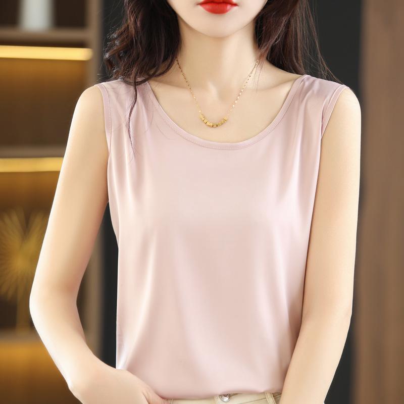 VEZFAA Women's Fashion Solid Color Print Casual Summer Spring Sleeveless U-Neck Blouses & Shirts