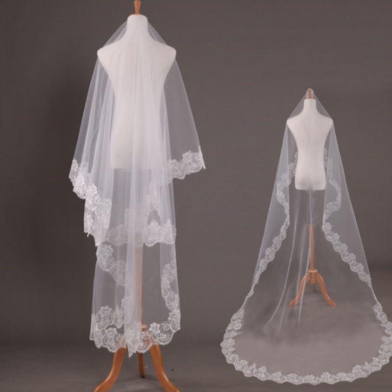 Womens Short Fingertip Length 1 Tier Lace Edge Wedding Bridal Veil Bride Tulle Hair Accessories Without Metal Comb