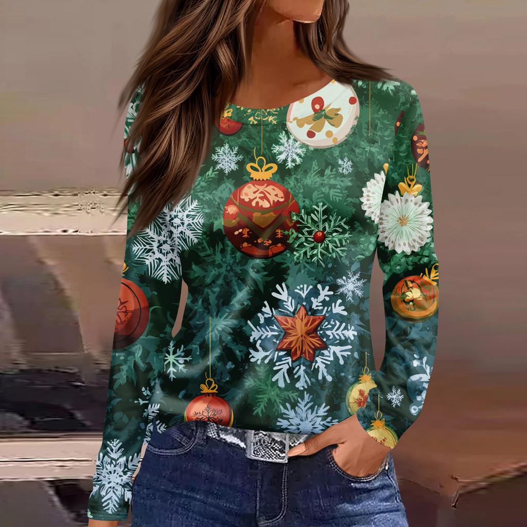 Damska Moda Casual Rozcięcie na Dole Okrągły Dekolt Długi Rękaw Luźna Koszulka z Nadrukiem Świątecznym Damski Top