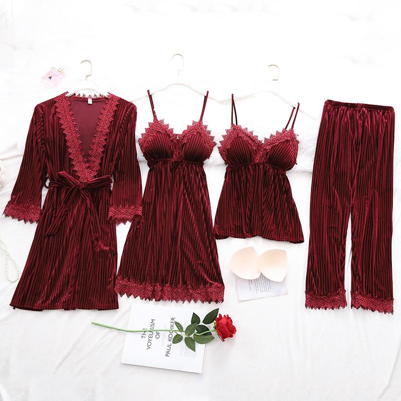 

Жіночий піжамний комплект з 4 предметів, оксамитовий одяг для сну, халати, нічна білизна з V-подібним вирізом, сексуальна піжама, жіночий домашній костюм, нічна сорочка, халат для нареченої, халат 2XL