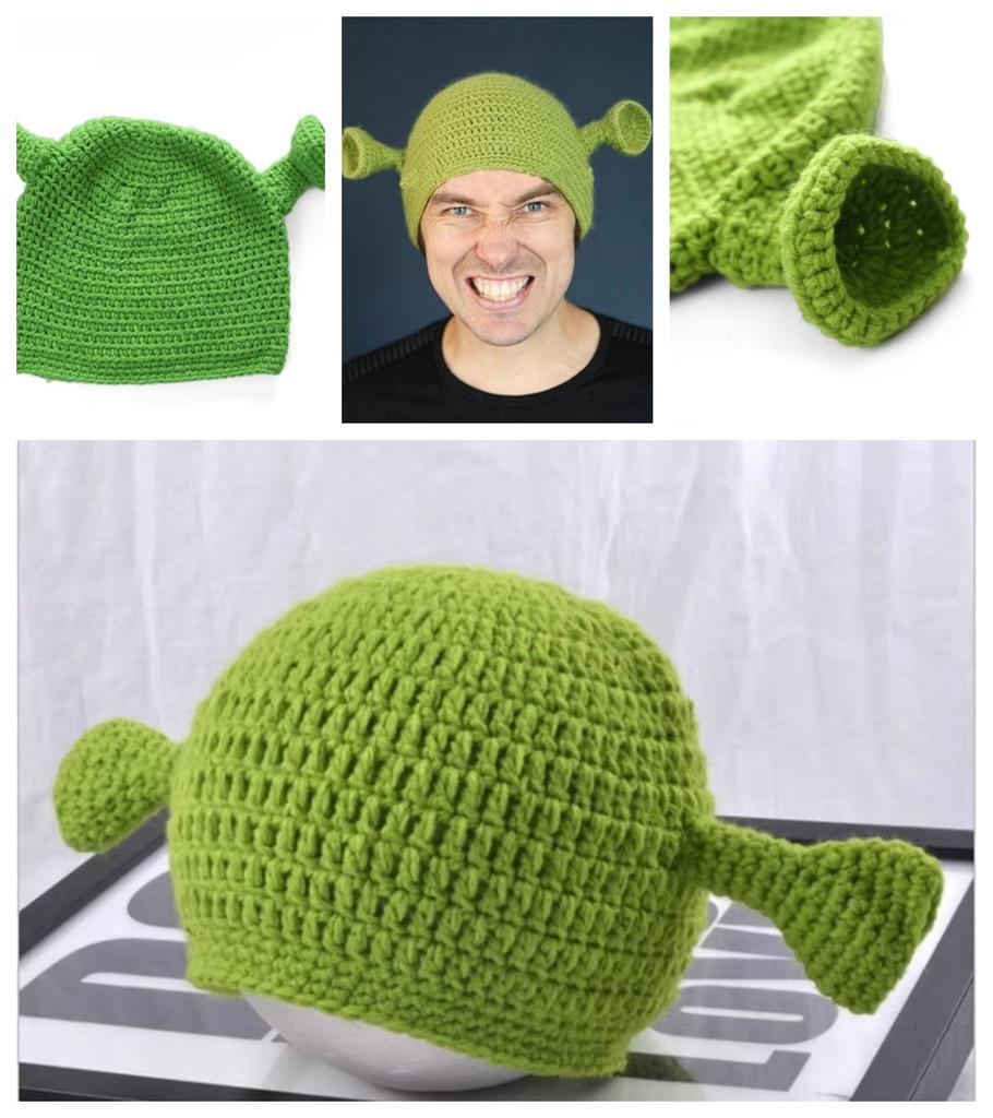 Unisex Balaclava Monster Shrek Hat Wool Winter Warm Knitted Hats Green Funny Beanie Skullies Cap for Women Men Pure Handmade