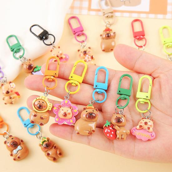 24/50Pcs Capybara Keychains Set Cartoon Resin Doll Charm Keychains Metal Key Ring Party Favors