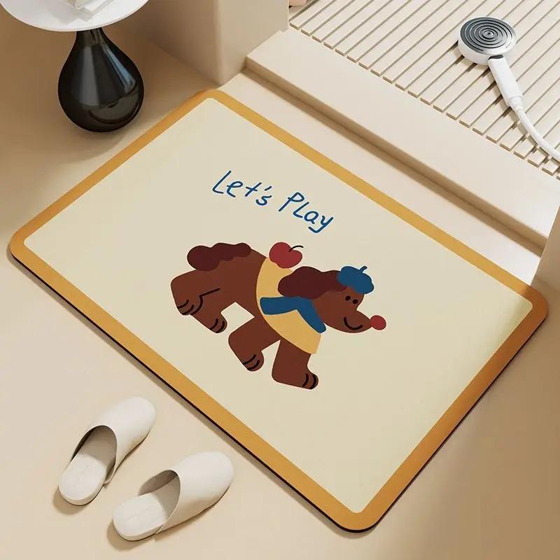 Cute Dachshund Bath Mat Striped Sausage Dog Cartoon Beige Absorbent Non Slip Bathroom Floor Rug