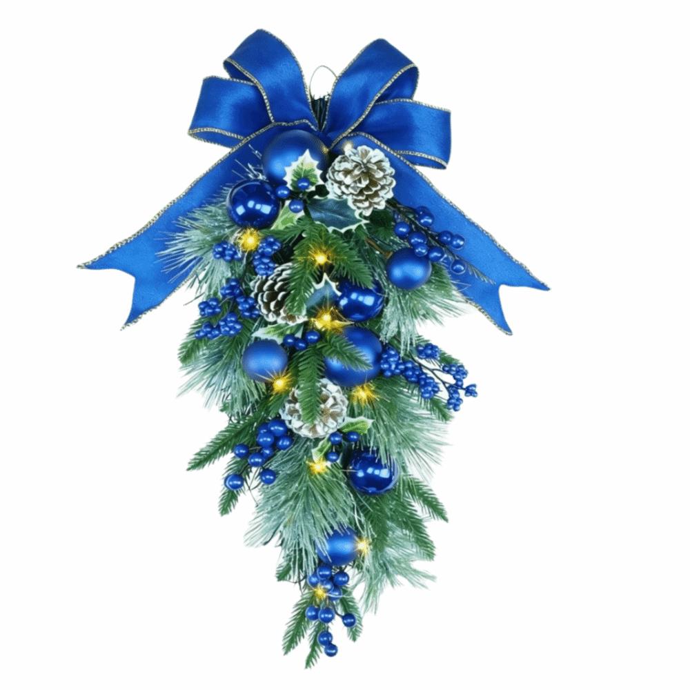 Realistic Artificial Christmas Wreath Pine Needles Droplet Style Wall Hanging Christmas Garland Teardrop Shape Red Berries