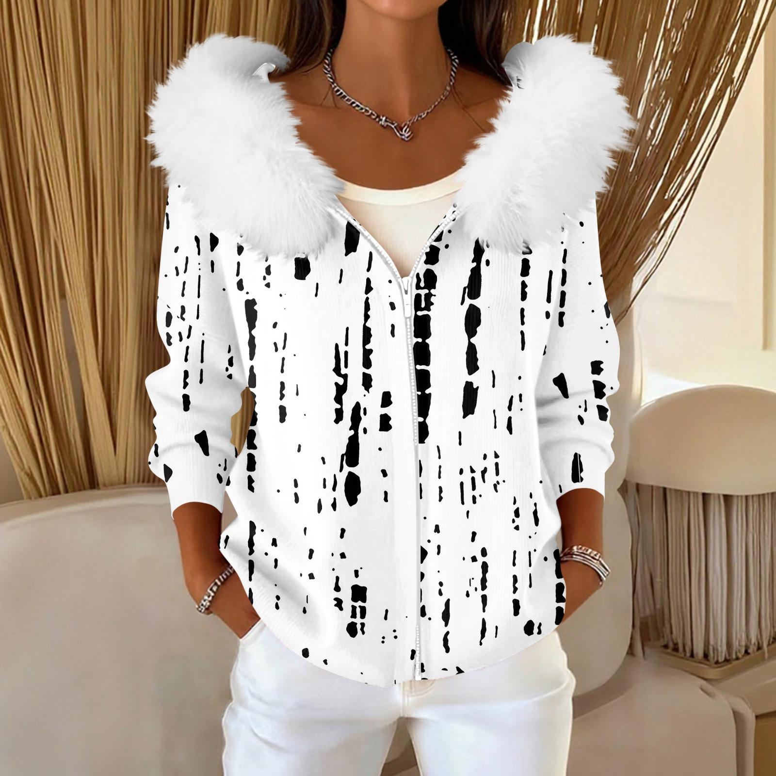 

Женский модный повседневный свитер на молнии с принтом, кардиган, плюшевая куртка с капюшоном XL белый
