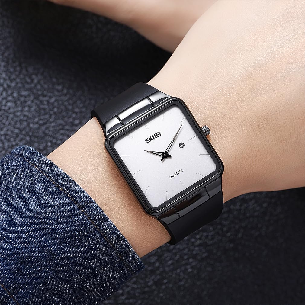Square Watch Men Leather Strap Black Simple Slim Stylish Wristwatch Gentleman Waterproof Business Casual Male Gift Black White