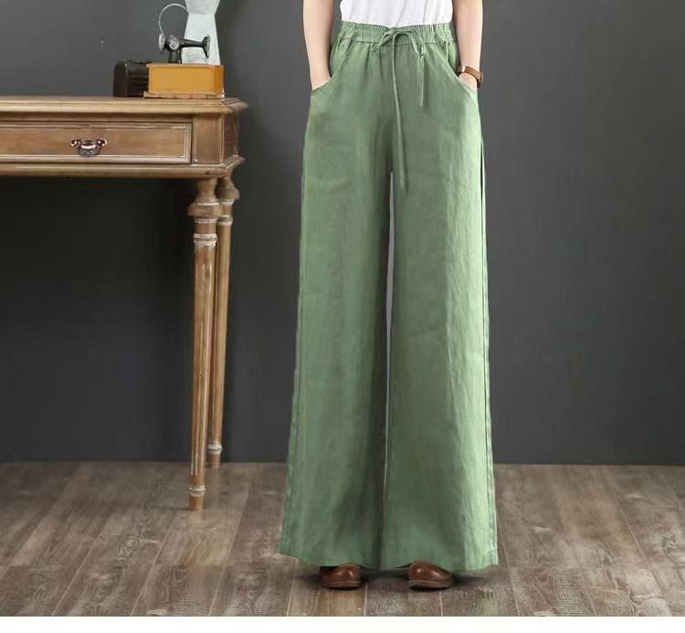Sixteen Colors Multi-color High Waist Wide-Leg Linen Cotton Korean Style Women's Pants, Spring/Summer, Plus Size, Floor-Length, Straight Leg.