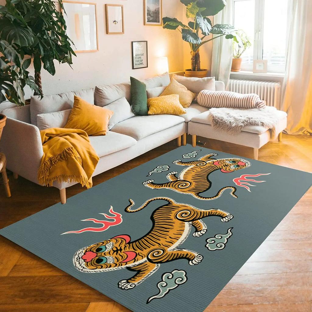 Artistic Tiger Pattern Vintage Inspired Floral Motif Decorative Border Living Room Bedroom Home Decoration Carpet Mat Rug