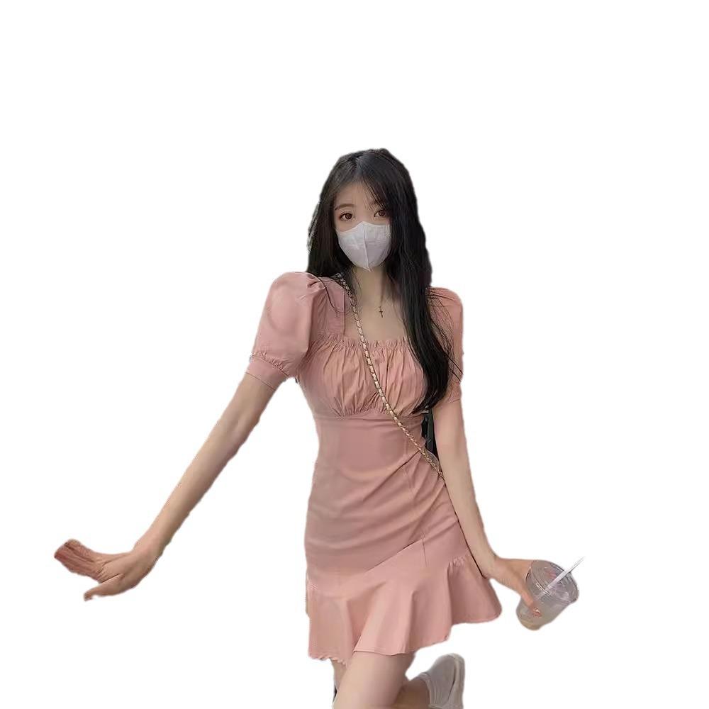 New Sweet Spice Girls Bubble Sleeves Pink Small Temperament Short Skirt Dress Women's Summer French First Love