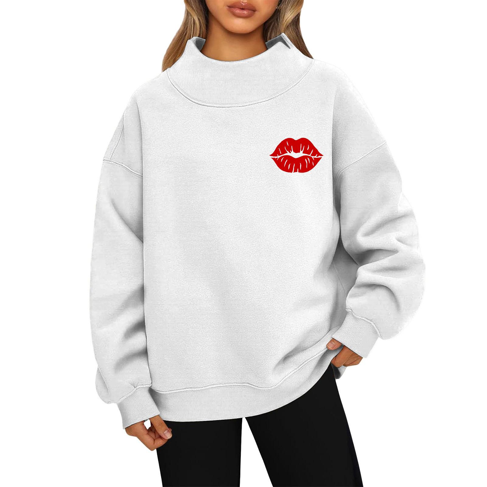 

Women s Valentine s Day Print Fashion Loose High-Collar Long Sleeve Solid Color Sweatshirt Pullover XL белый