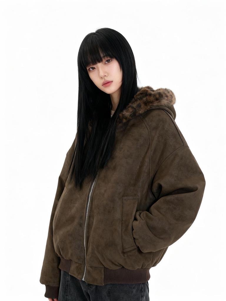 Unisex Reversible Retro Leopard Print Fleece-Lined PU Leather Jacket