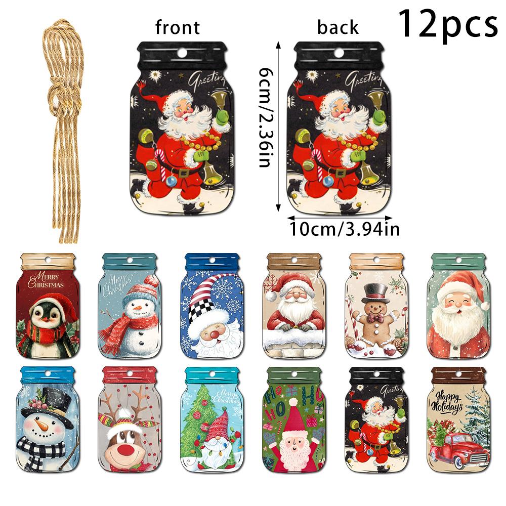 12/24pcs Festive Christmas Mason Jar Gift Card Holders Hanging Decorations with Candy Bags for Xmas Tree Ornaments New Year