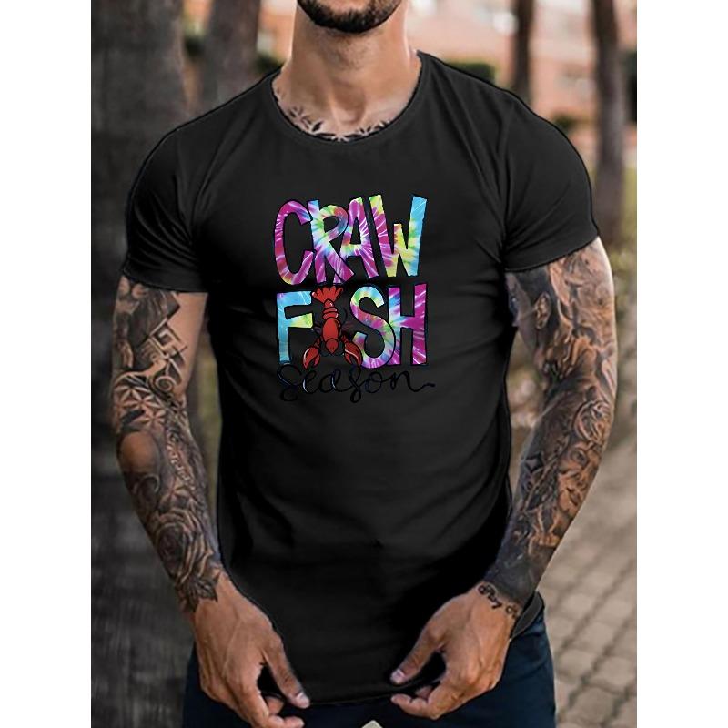 Craw Fish Print Men's Creative Top, Casual Short Sleeve Crew Neck T-shirt, Men's Clothing For Summer Outdoor