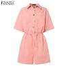 ZANZEA Women Summer Turn Down Collar Short Sleeve Drawstring Jumpsuits Overalls