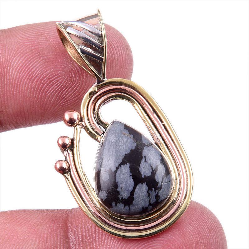 

Natural Snowflake Obsidian Gemstone 925 Solid Silver Two Tone Pendant 1.50 k0g69
