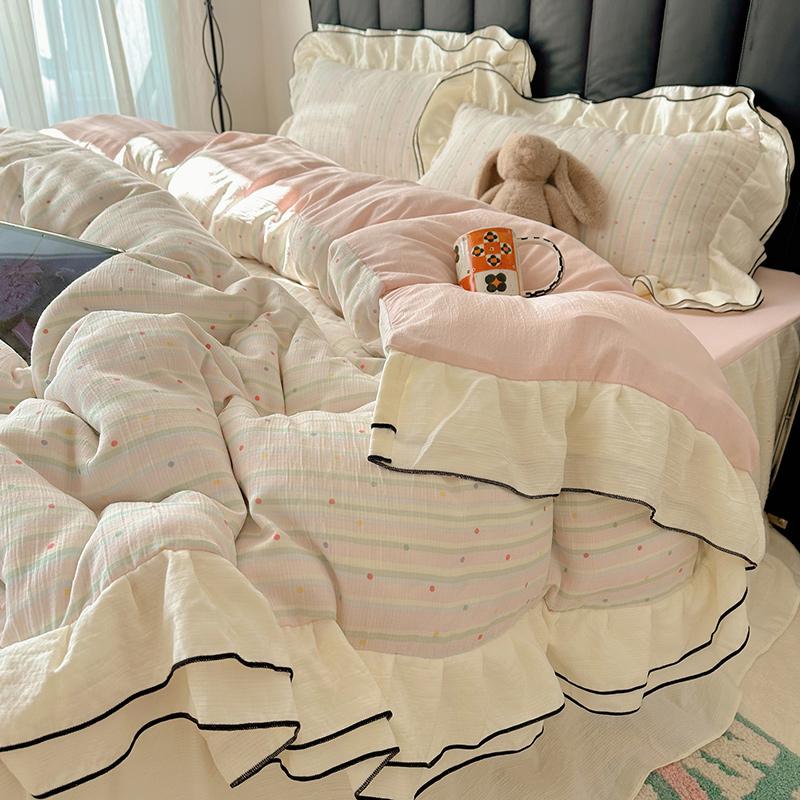 Sleep Grid Double-layer Yarn Wrinkled Yarn Korean Fresh Style Bed Skirt Four Piece Set