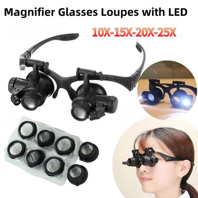 Gafas Lupa LED 10X/15X/20X/25X Diadema Lupa Gafas para Lectura Joyeros Relojero Herramientas de Reparación Lupa