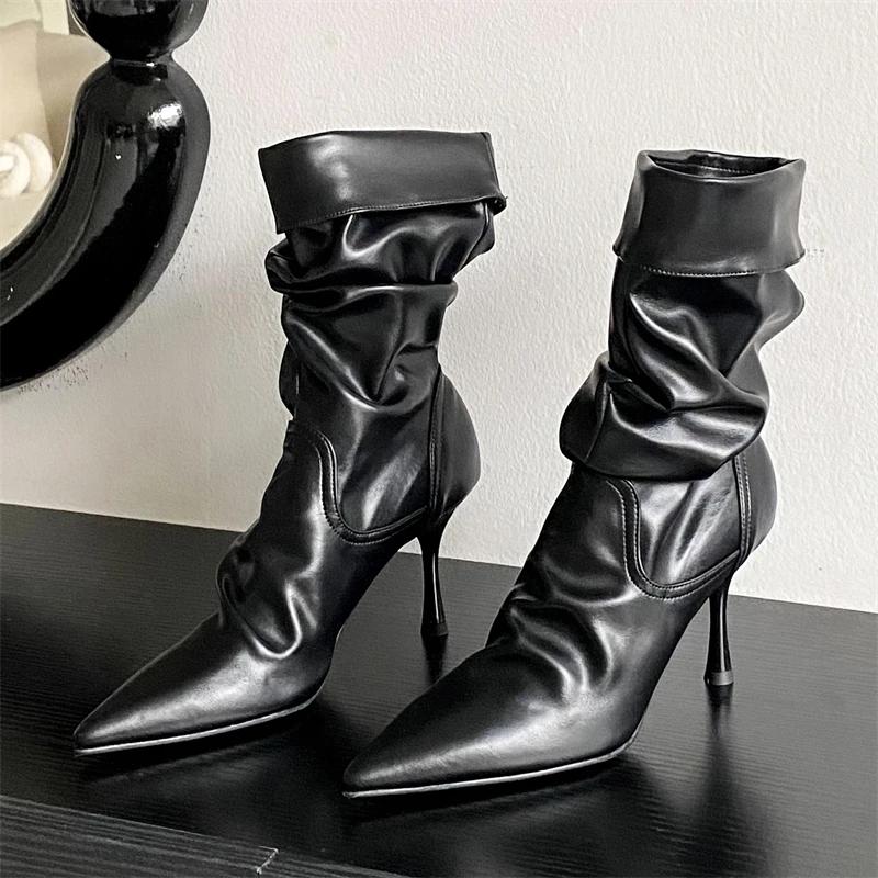 

Мода Мода Плиссированный Дизайн Шитья Ботильоны Женские Элегантный Острый Носок Тонкий Каблук Современные Сапоги Комфорт Мягкая Кожа Zapatos De Mujer 35 чёрный