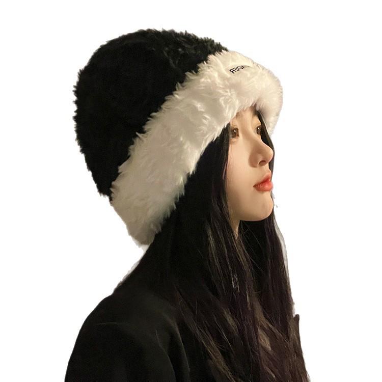 Newcomer Exclusive: Korean Colorblock Plush Knit Hat - Winter Ear Protection for Women with Large Head Circumference