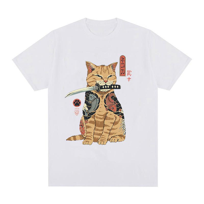 Funny Cotton Japanese Samurai Cat T Shirt Lover T Shirts Cat T-Shirts Retro Casual Short Sleeve Tshirt Unisex Women Clothes