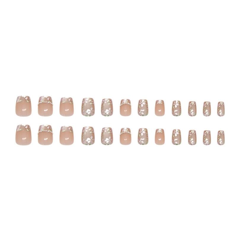 24 Pcs French Tip Press On Nail Cats Eye False Nail Pearls Flowers Acrylic Nail Short Full Cover Stick on Nail