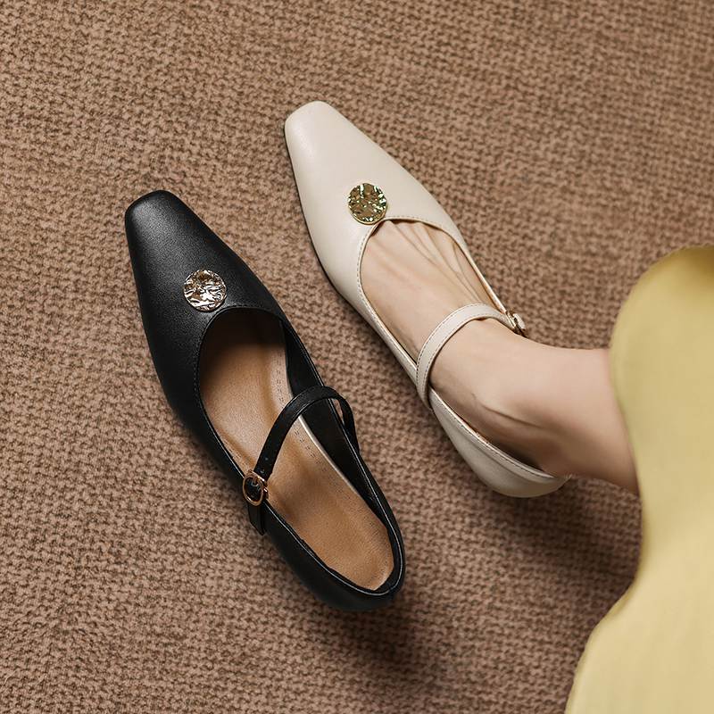 Krazing Pot Microfiber Square Toe Thick Med Heels Spring Summer Shoes Big Size 43 Metal flowers Women Shallow Pumps