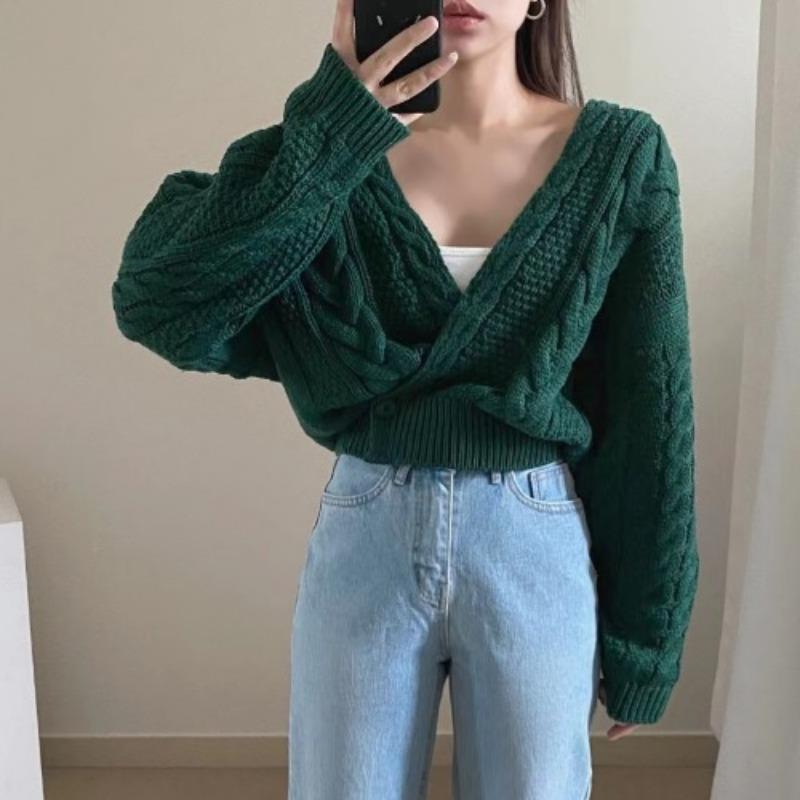 

Chic Retro Casual V-neck Pullovers Sweater Cardigan Women Autumn Long Sleeve Solid Knit Cardigans Jacket for Women Fashion Lady Winter Cardigan 25528 One Size зелений