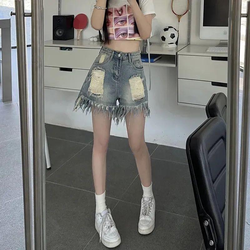 High Waist Tassel Ripped Denim Shorts for Women - Summer A-line Wide Leg with Raw Hem