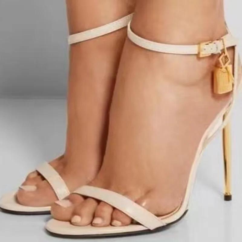 Fashion Summer New Concise 10cm High Heel Padlock Decorative Sandals European and American Fashionable Black Gold Women's Shoes 36-45