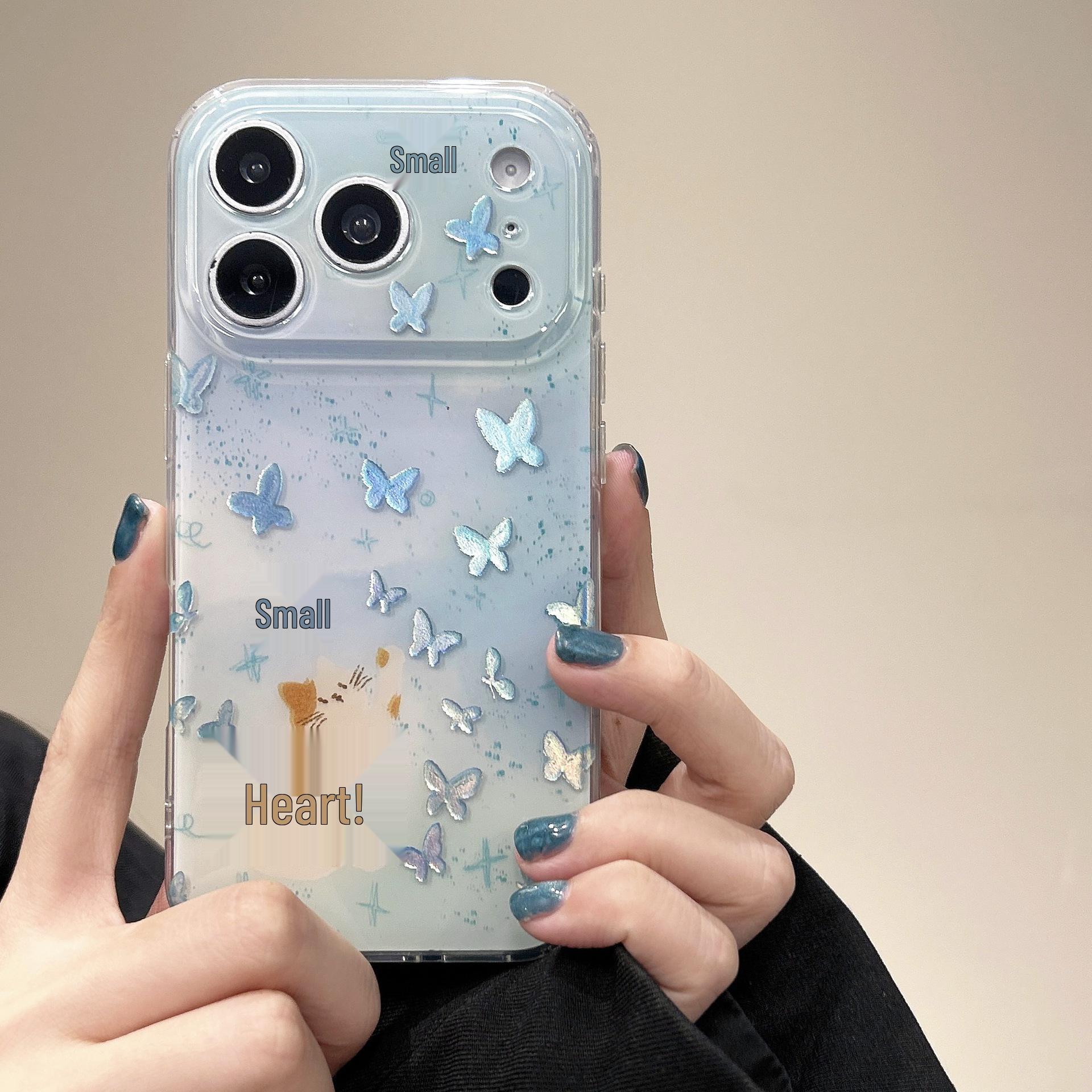 Korean Style Blue Gold Foil Cat & Butterfly Phone Case for iPhone 16/15 and Apple 17 Pro Max iPhone 14