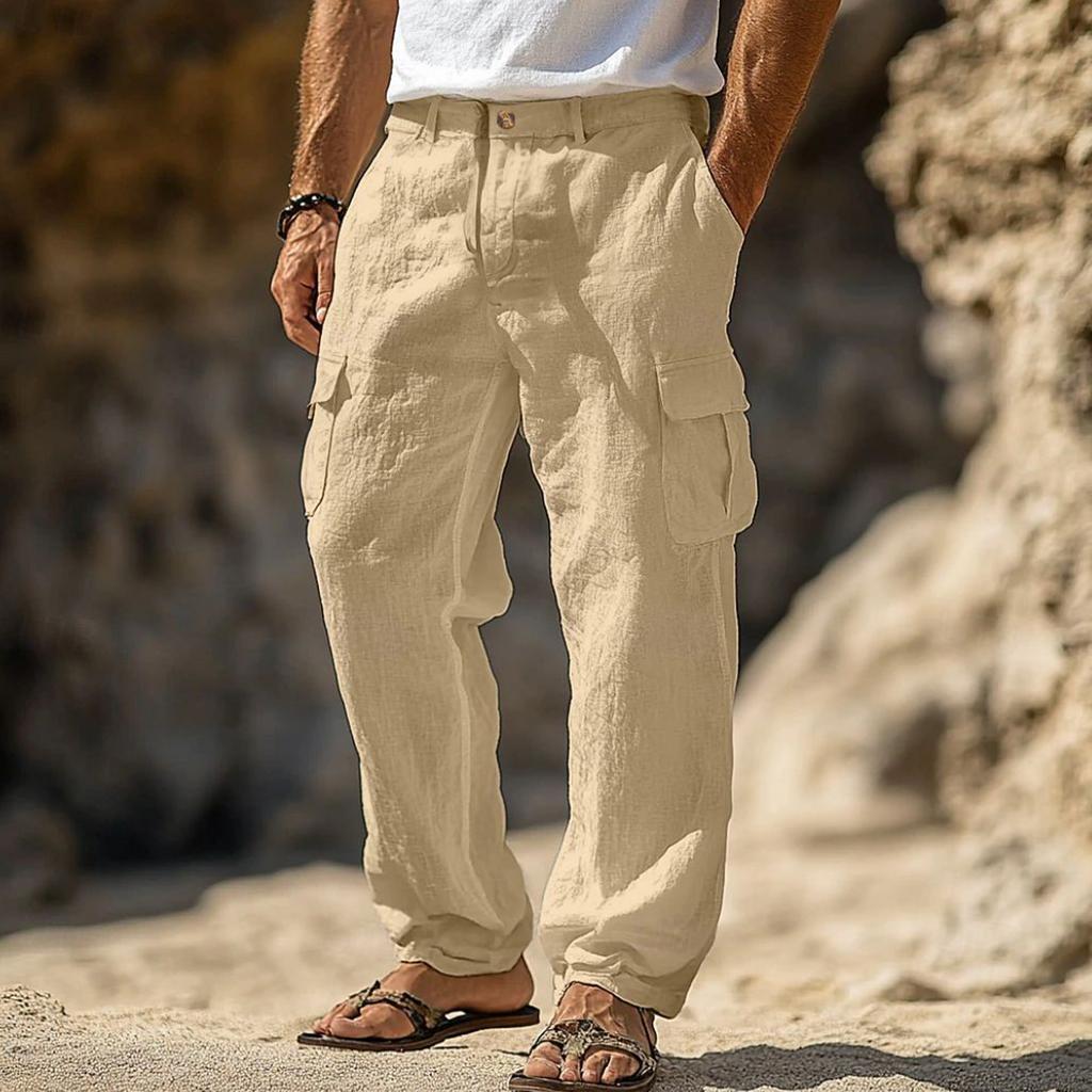 Herren Leinenhose Frühling Sommer Mehrere Taschen Gerades Bein Bequem Atmungsaktiv Outdoorhose Knopfleiste Hose