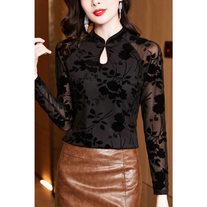 Black Mesh Bottoming Shirt for Women Long-sleeved Spring and Autumn New Chinese-style Button-down Top Foreign-style Lace Cheongsam Shirt