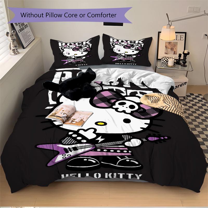 3pcs Cool Rock Hello Kitty Pattern Bedding Three-Piece Set (1 Cover + 2 Pillowcases, No Fillings), Soft and Comfortable W021