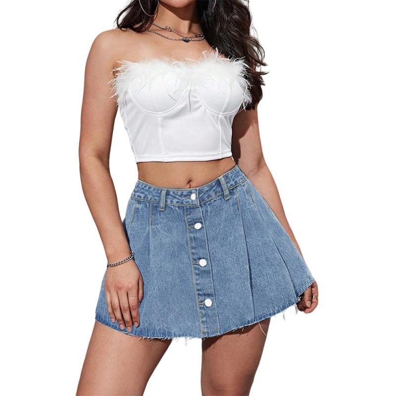 

Sweet Cool Hot Girl Jeans Pleated Skirt Women Retro Waist Preppy DENIM SKIRTS S синий