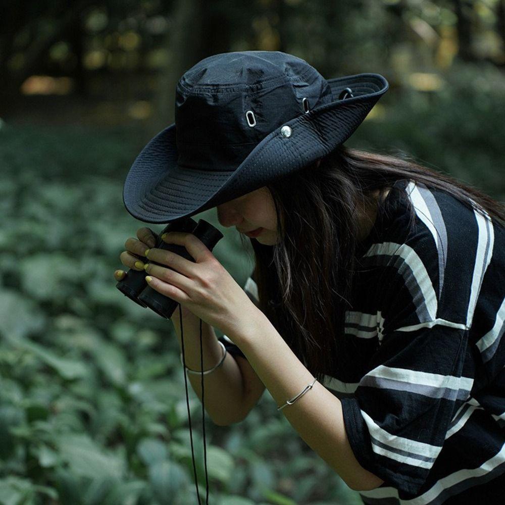 Windproof Men Outdoor Hat Wide Brim Flat Top Men Camping Hat Letter Print Anti-UV Strap Hollow Out Men Fisherman Hat Headwear