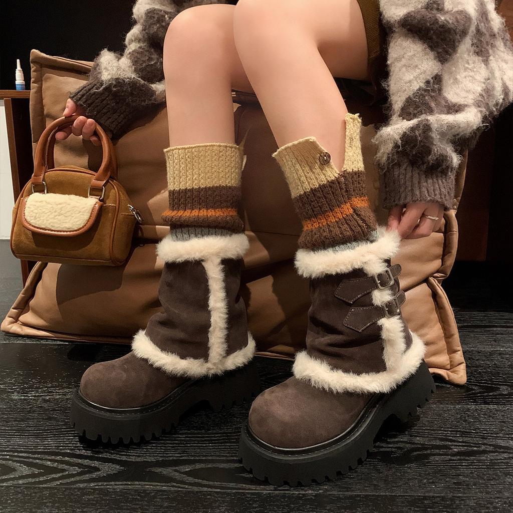 Thick-soled medium tube snow boots women's 2025 new winter fur integrated fleece Altay warm wool cotton shoes