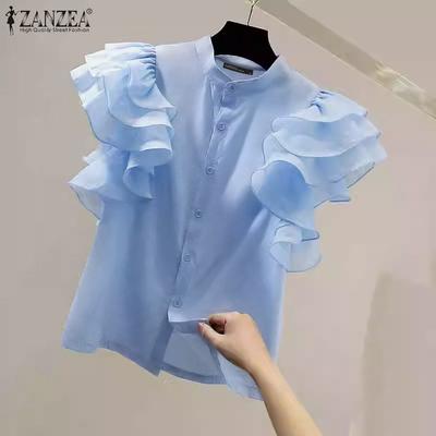 Moda feminina gola alta babados sem mangas cor sólida camisa solta
