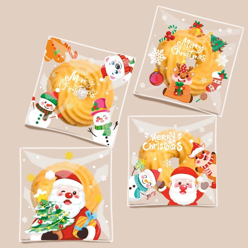 100 Stück Weihnachts-Geschenktüten Cartoon-Weihnachtsmann Xmas-Baum-Designs Transparente Selbstklebende Kekstüten Für Weihnachtsdekorationen