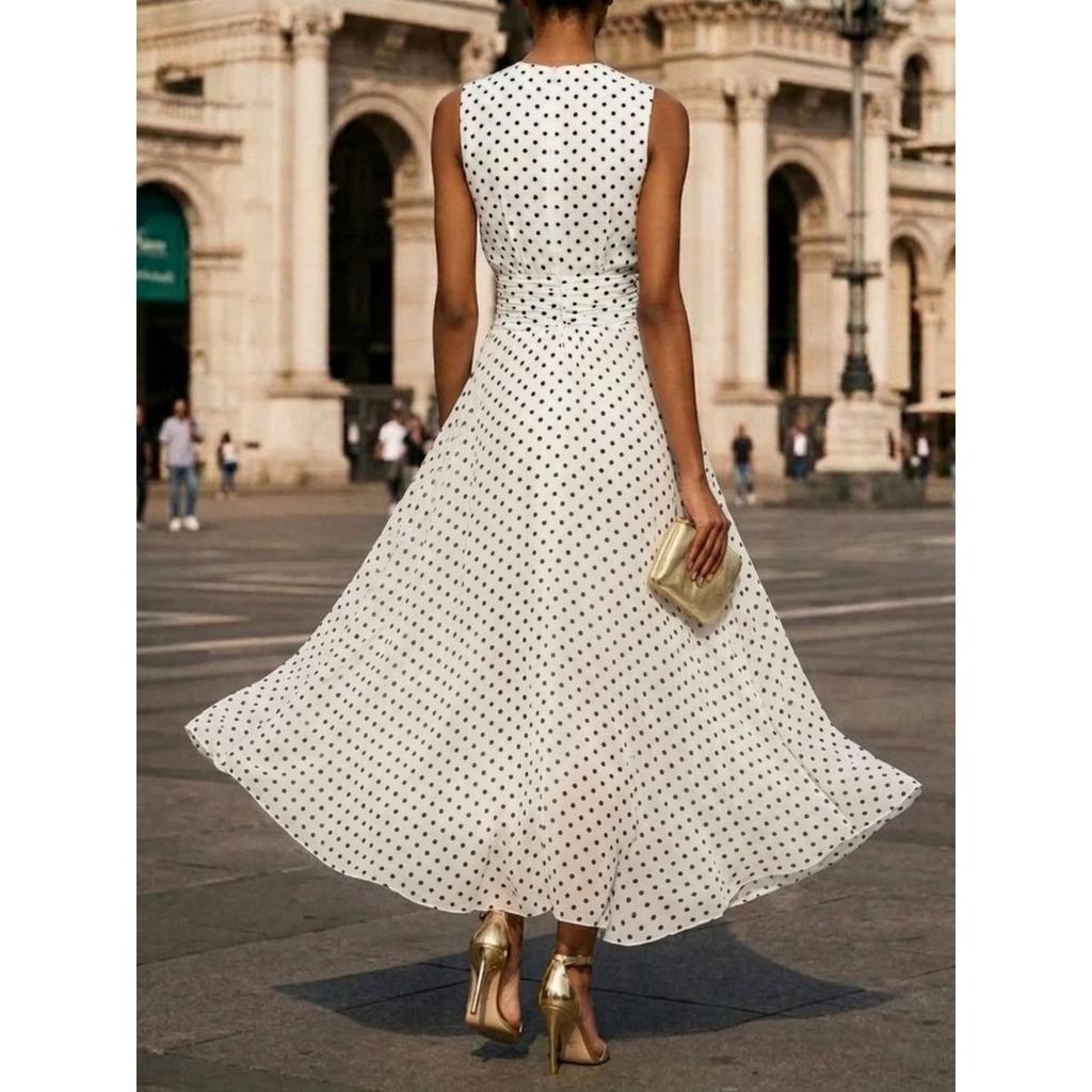 2026 Elegante Abito Lungo Senza Maniche a Pois per Donna, Abito Svasato A-line con Cintura in Vita, Casual Estivo e da Festa