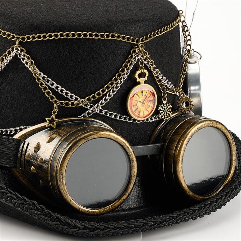 Dark Top Hat Steampunk Goggles Style Top Hat With Metal Chain Gothic Themed Cosplay Costume Accessories
